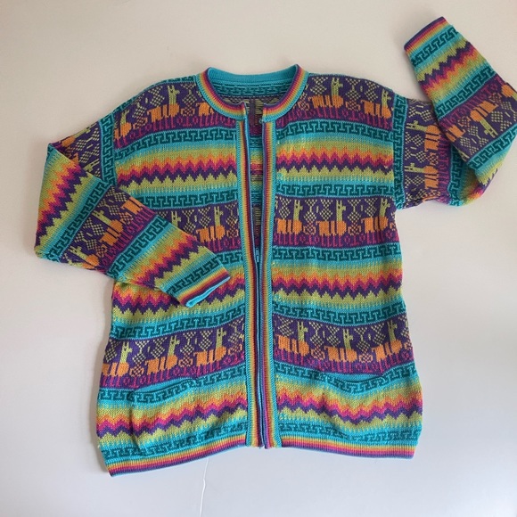 Vintage Sweaters - Bright Rainbow Vintage Alpaca Llama Sweater